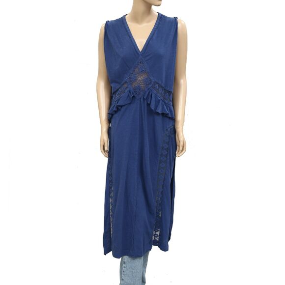 Free People Willow Maxi Top Cochet Lace Ruffle Cotton Jersey Blue S New 283791 - Picture 5 of 9